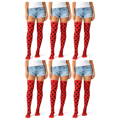 6x Ladybug Polka Dot Over Knee Stay Up Stockings Bulk Pack - Red/Black (Halloween Socks & Fancy Dress)