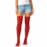 Ladybug Polka Dot Over Knee Stay Up Stockings - Red/Black (Halloween Socks & Fancy Dress)
