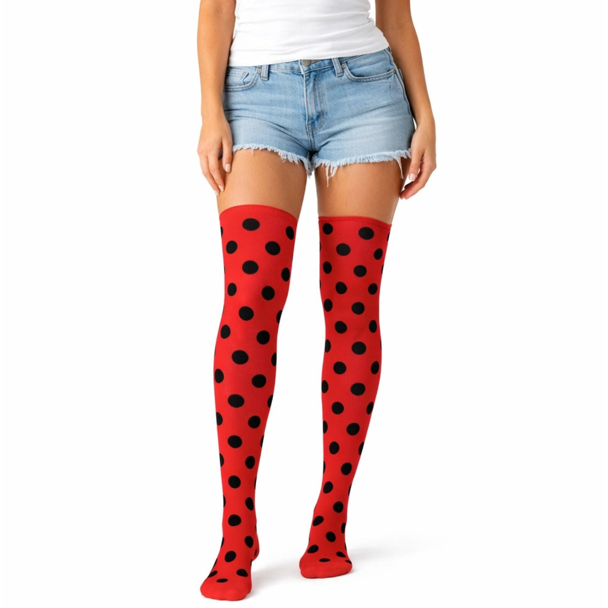 Ladybug Polka Dot Over Knee Stay Up Stockings - Red/Black (Halloween Socks & Fancy Dress)