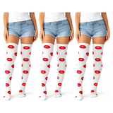 3x Lips Over Knee Stay Up Stockings Pack - White/Red (Halloween Socks & Fancy Dress)