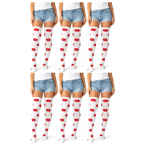 6x Lips Over Knee Stay Up Stockings Bulk Pack - White/Red (Halloween Socks & Fancy Dress)