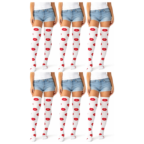 6x Lips Over Knee Stay Up Stockings Bulk Pack - White/Red (Halloween Socks & Fancy Dress)