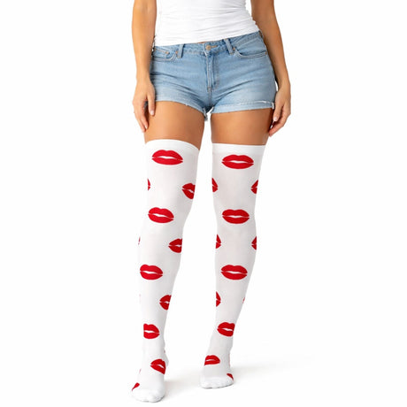 3x Lips Over Knee Stay Up Stockings Pack - White/Red (Halloween Socks & Fancy Dress)