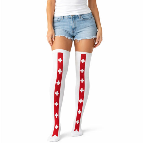 Nurse Over Knee Stay Up Stockings - White/Red (Halloween Socks & Fancy Dress)