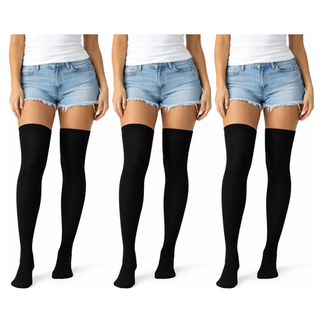 3x Over Knee Stay Up Stockings Pack - Black (Halloween Costume Socks & Fancy Dress Party)