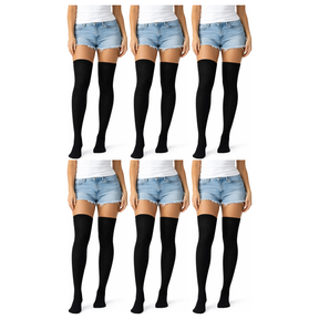 6x Over Knee Stay Up Stockings Bulk Pack - Black (Halloween Costume Socks & Fancy Dress Party)