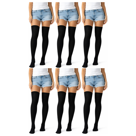 6x Over Knee Stay Up Stockings Bulk Pack - Black (Halloween Costume Socks & Fancy Dress Party)