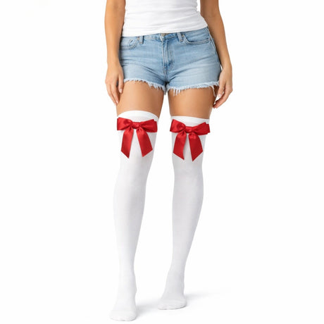 Over Knee Stay Up Stockings - White w/ Red Bow (Halloween Socks & Fancy Dress Party)