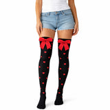Over Knee Stay Up Stockings - Black Hearts w/ Red Bow (Halloween Socks & Fancy Dress Party)
