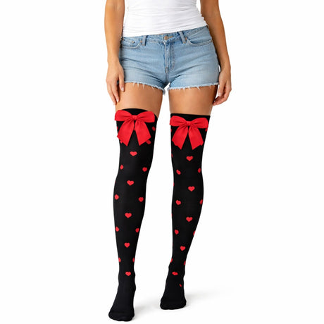 Over Knee Stay Up Stockings - Black Hearts w/ Red Bow (Halloween Socks & Fancy Dress Party)