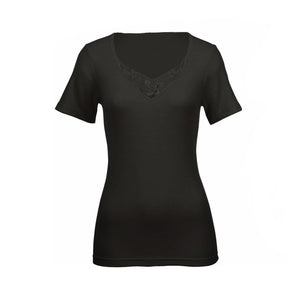 100% Pure Merino Wool Womens Short Sleeve Thermal Top (Woolmark Fleece) - Black