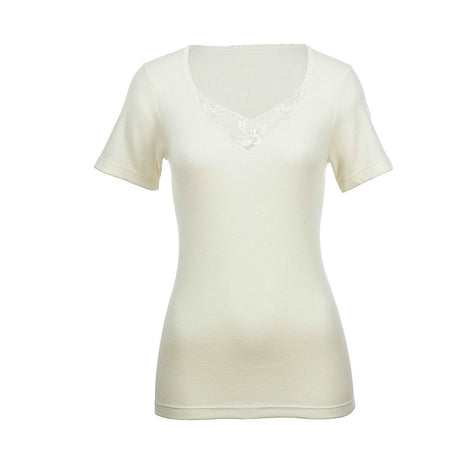 Thermo Fleece 100% Pure Merino Wool Womens Short Sleeve Thermal Top - Natural (Woolmark Fleece)