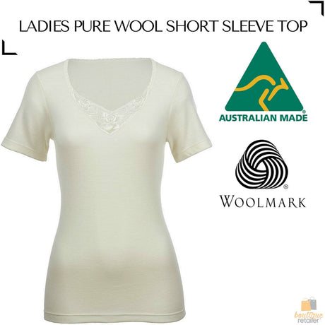 100% Pure Merino Wool Womens Short Sleeve Thermal Top Woolmark Thermals Fleece - Black