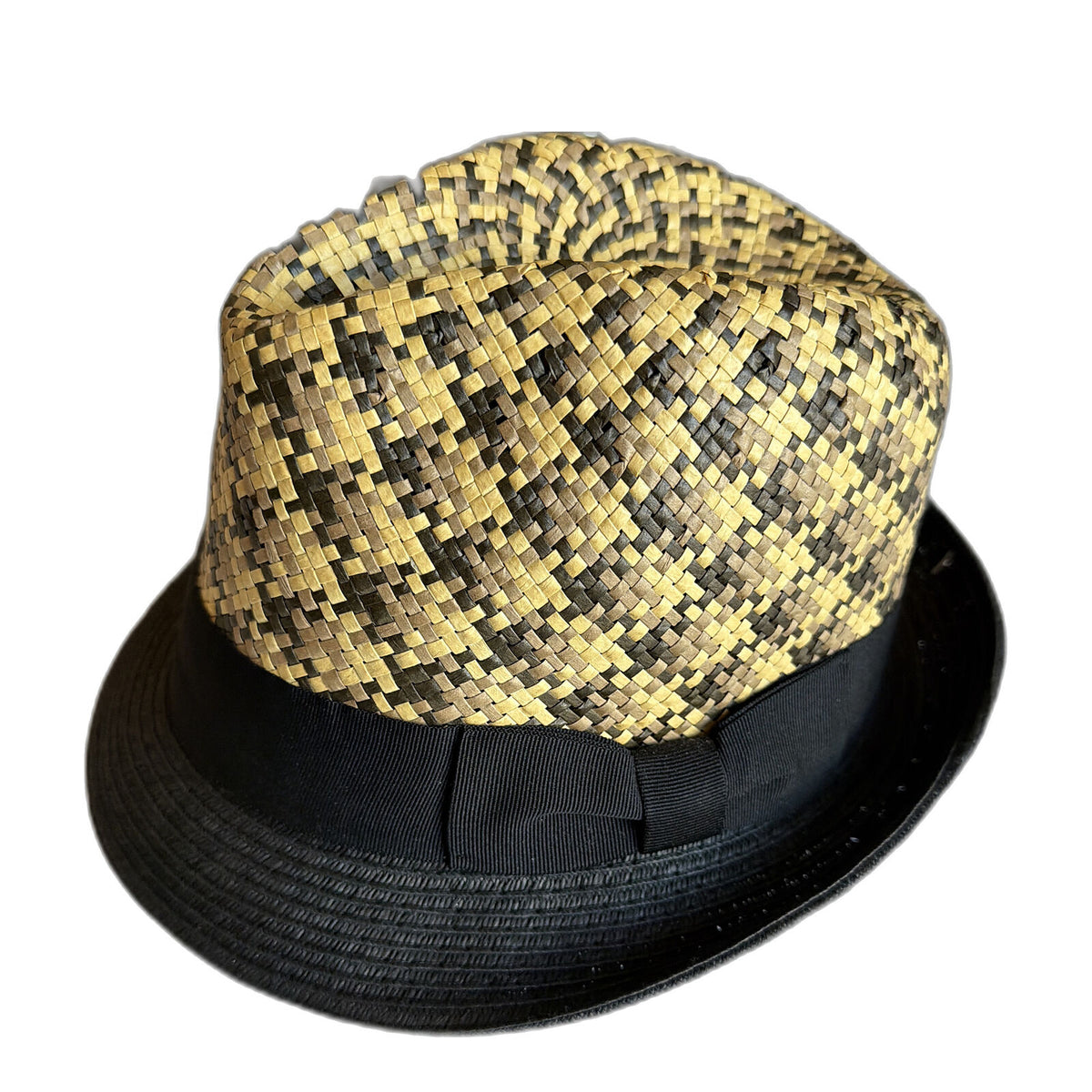 3-Tone Cross-Weave Paper Straw Trilby Hat - Natural & Black - L
