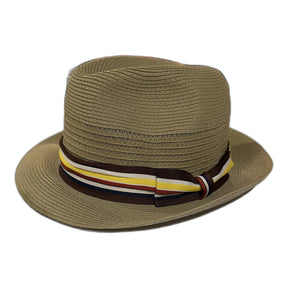 Mens Paper Braid Trilby Hat with Striped Band - Khaki - 59cm