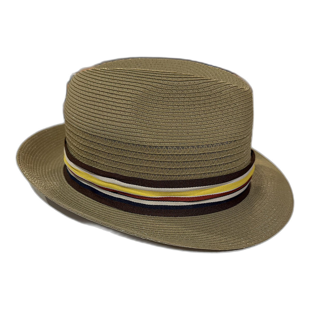 Mens Paper Braid Trilby Hat with Striped Band - Khaki