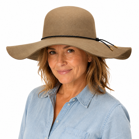 Womens Wide Brim Floppy Felt Hat - Beige - One Size (Vintage Style)