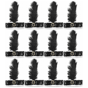 12x 1920s Black Wide Flapper Headband w/ Feather & Sequins Bulk Pack - Gatsby/Charleston Costume