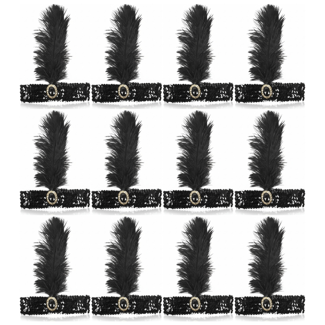 12x 1920s Black Wide Flapper Headband w/ Feather & Sequins Bulk Pack - Gatsby/Charleston Costume