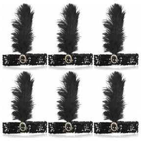 6x 1920s Black Wide Flapper Headband w/ Feather & Sequins Bulk Pack - Gatsby/Charleston Costume
