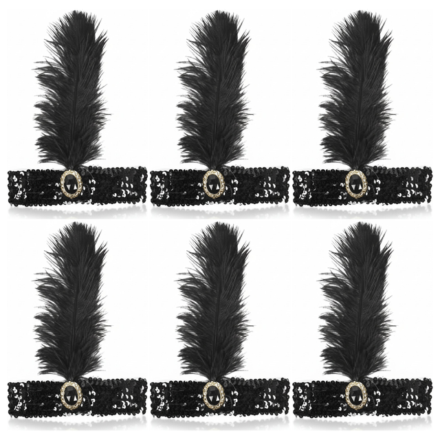 6x 1920s Black Wide Flapper Headband w/ Feather & Sequins Bulk Pack - Gatsby/Charleston Costume