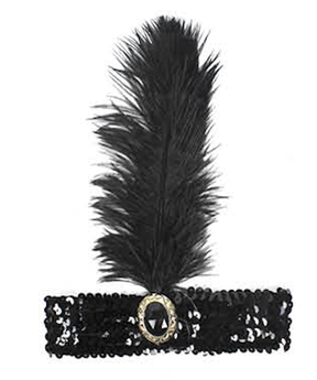 1920s Black Wide Flapper Headband w/ Feather & Sequins - Gatsby/Charleston Costume