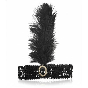1920s Black Wide Flapper Headband w/ Feather & Sequins - Gatsby/Charleston Costume