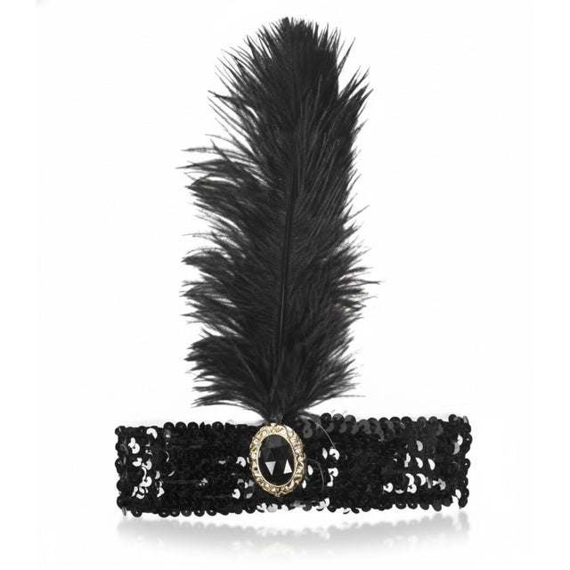 1920s Black Wide Flapper Headband w/ Feather & Sequins - Gatsby/Charleston Costume