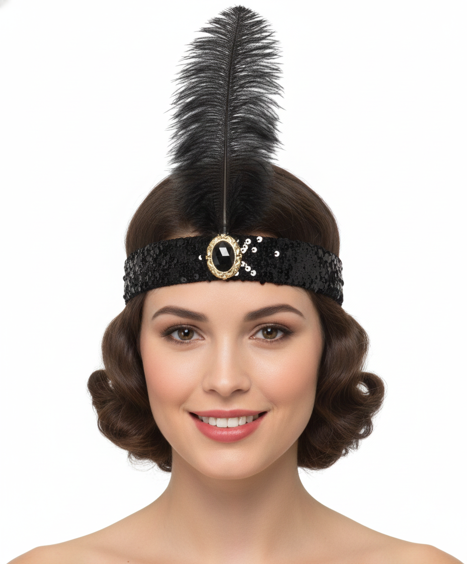 1920s Black Wide Flapper Headband w/ Feather & Sequins - Gatsby/Charleston Costume