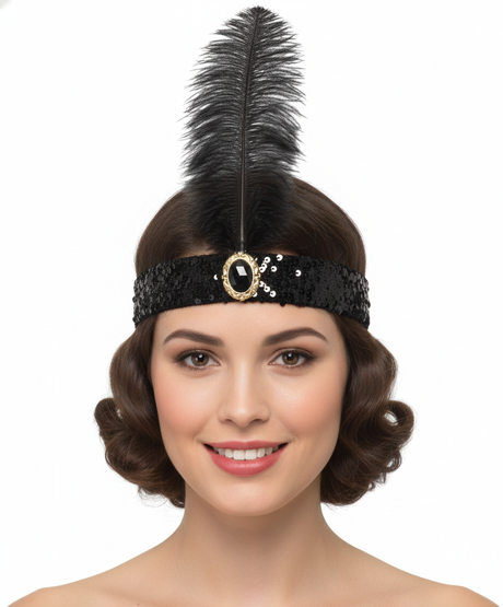 1920s Black Wide Flapper Headband w/ Feather & Sequins - Gatsby/Charleston Costume
