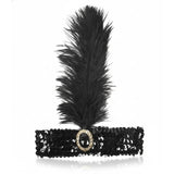 1920s Black Wide Flapper Headband w/ Feather & Sequins - Gatsby/Charleston Costume