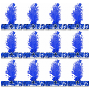 12x 1920s Blue Wide Flapper Headband w/ Feather & Sequins Bulk Pack - Gatsby/Charleston Costume