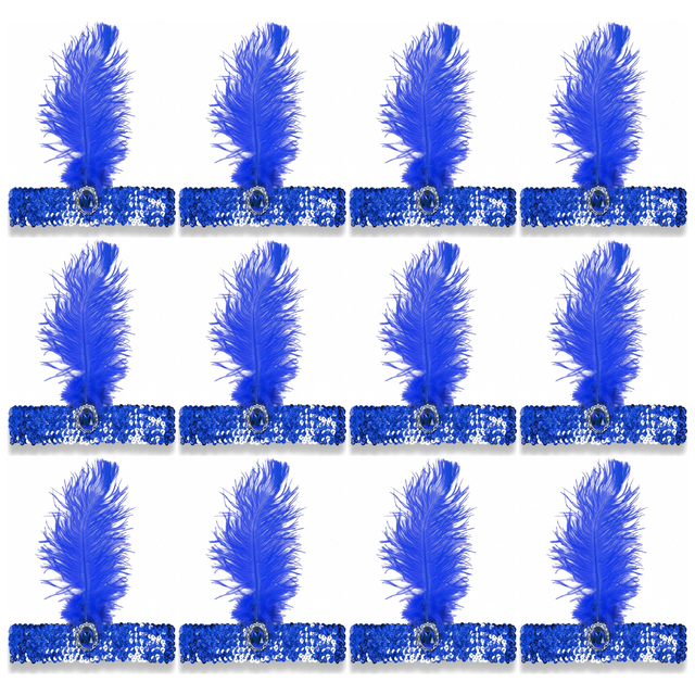 12x 1920s Blue Wide Flapper Headband w/ Feather & Sequins Bulk Pack - Gatsby/Charleston Costume
