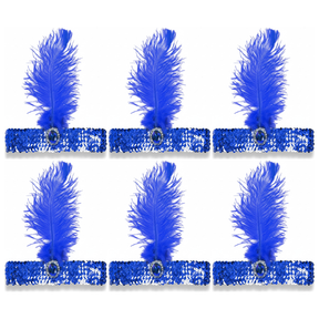 6x 1920s Blue Wide Flapper Headband w/ Feather & Sequins Bulk Pack - Gatsby/Charleston Costume
