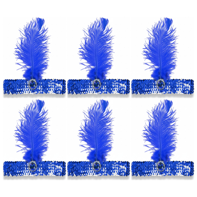 6x 1920s Blue Wide Flapper Headband w/ Feather & Sequins Bulk Pack - Gatsby/Charleston Costume