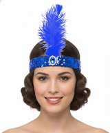 6x 1920s Blue Wide Flapper Headband w/ Feather & Sequins Bulk Pack - Gatsby/Charleston Costume
