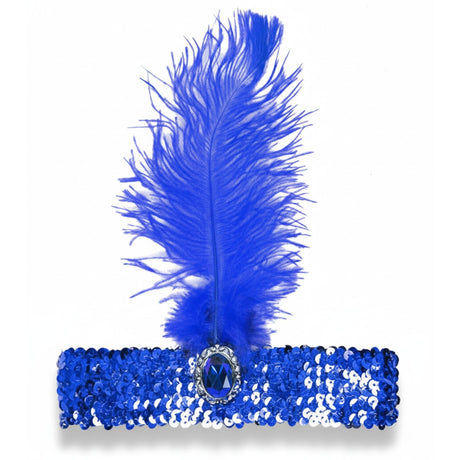 1920s Blue Wide Flapper Headband w/ Feather & Sequins - Gatsby/Charleston Costume
