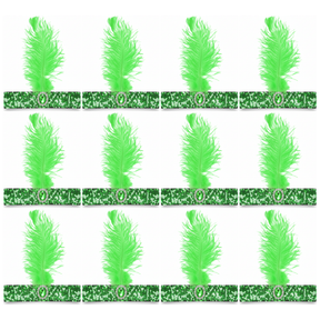 12x 1920s Green Wide Flapper Headband w/ Feather & Sequins Bulk Pack - Gatsby/Charleston Costume