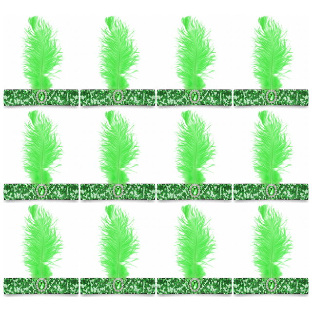 12x 1920s Green Wide Flapper Headband w/ Feather & Sequins Bulk Pack - Gatsby/Charleston Costume