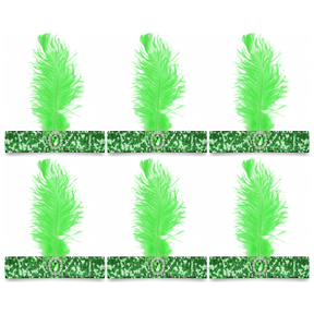 6x 1920s Green Wide Flapper Headband w/ Feather & Sequins Bulk Pack - Gatsby/Charleston Costume