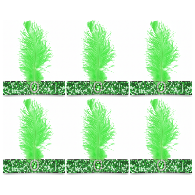6x 1920s Green Wide Flapper Headband w/ Feather & Sequins Bulk Pack - Gatsby/Charleston Costume