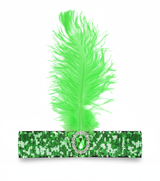 1920s Green Wide Flapper Headband w/ Feather & Sequins - Gatsby/Charleston Costume