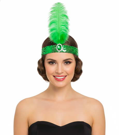 1920s Green Wide Flapper Headband w/ Feather & Sequins - Gatsby/Charleston Costume