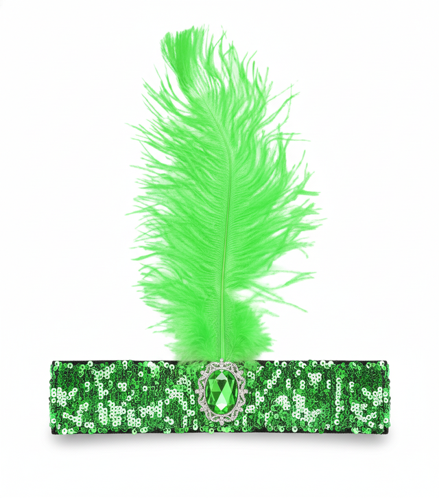 1920s Green Wide Flapper Headband w/ Feather & Sequins - Gatsby/Charleston Costume