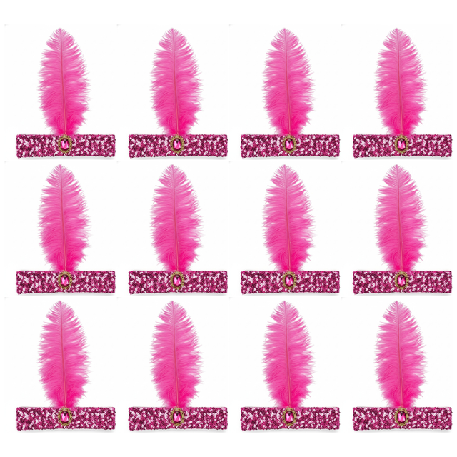 12x 1920s Hot Pink Wide Flapper Headband w/ Feather & Sequins Bulk Pack - Gatsby/Charleston Costume
