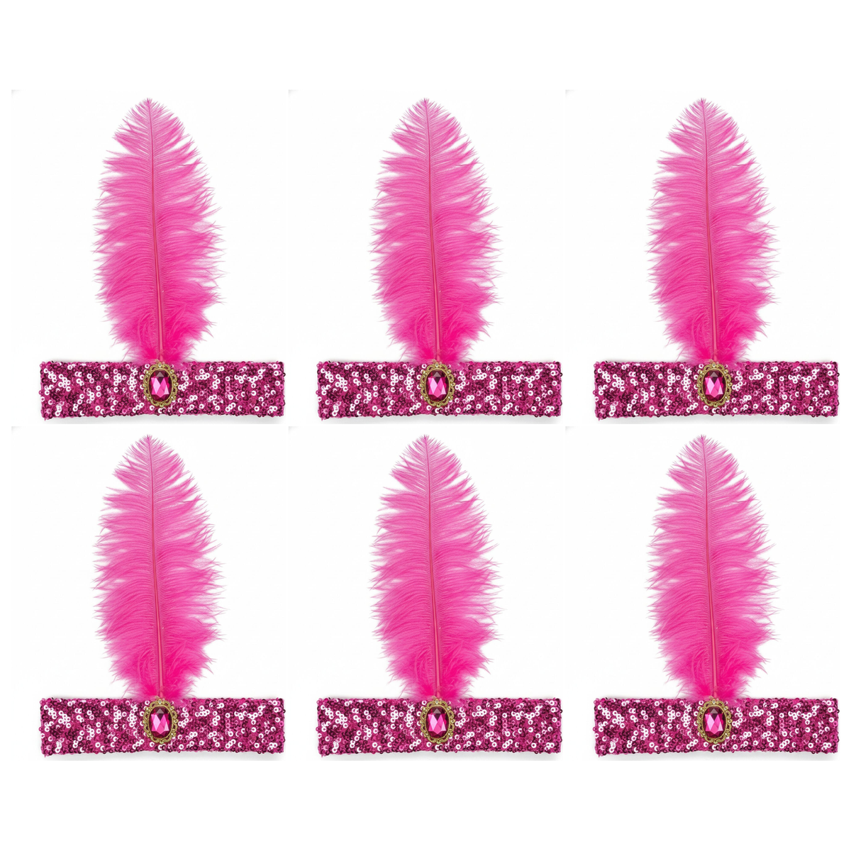 6x 1920s Hot Pink Wide Flapper Headband w/ Feather & Sequins Bulk Pack - Gatsby/Charleston Costume