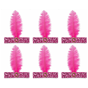 6x 1920s Hot Pink Wide Flapper Headband w/ Feather & Sequins Bulk Pack - Gatsby/Charleston Costume
