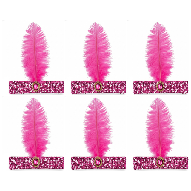 6x 1920s Hot Pink Wide Flapper Headband w/ Feather & Sequins Bulk Pack - Gatsby/Charleston Costume