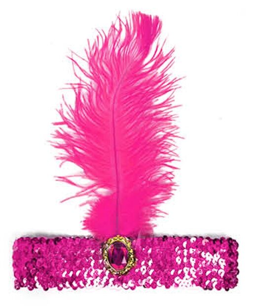1920s Hot Pink Wide Flapper Headband w/ Feather & Sequins - Gatsby/Charleston Costume