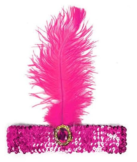 1920s Hot Pink Wide Flapper Headband w/ Feather & Sequins - Gatsby/Charleston Costume